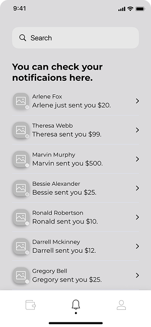 Wireframe of MoneyPay notifications screen