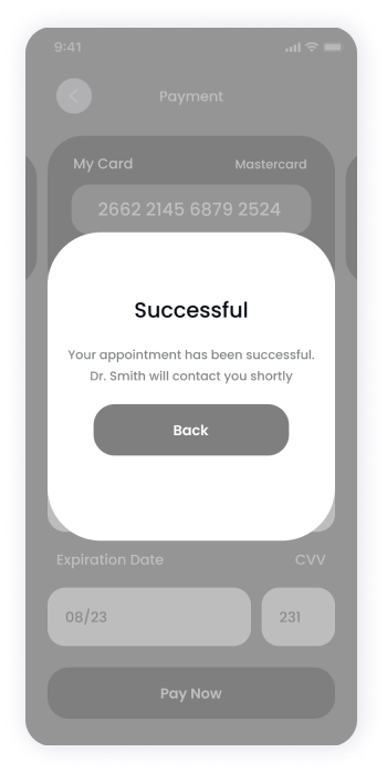   Wireframe of the E-doctor app's successful appointment booking screen 