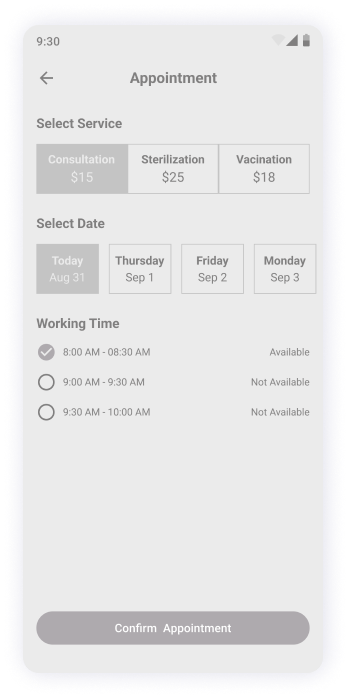  MyPet app appointment screen wireframe 