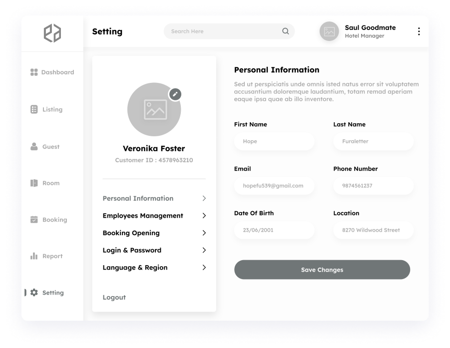 Settings screen wireframe in Elite Station CRM