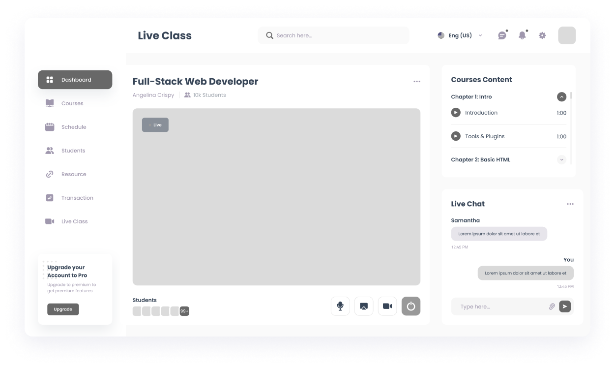 Wireframe of the MySkills live class page 