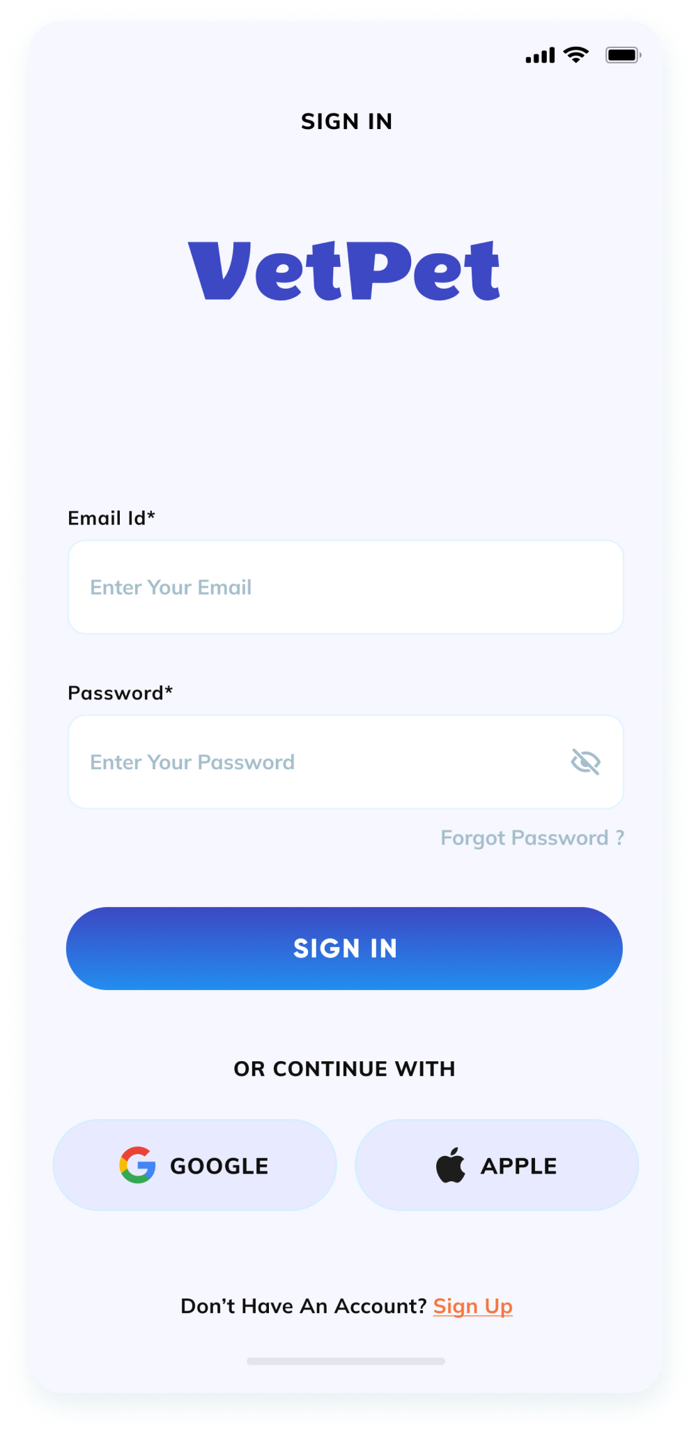  UI design of the VetPet app's sign-in screen 