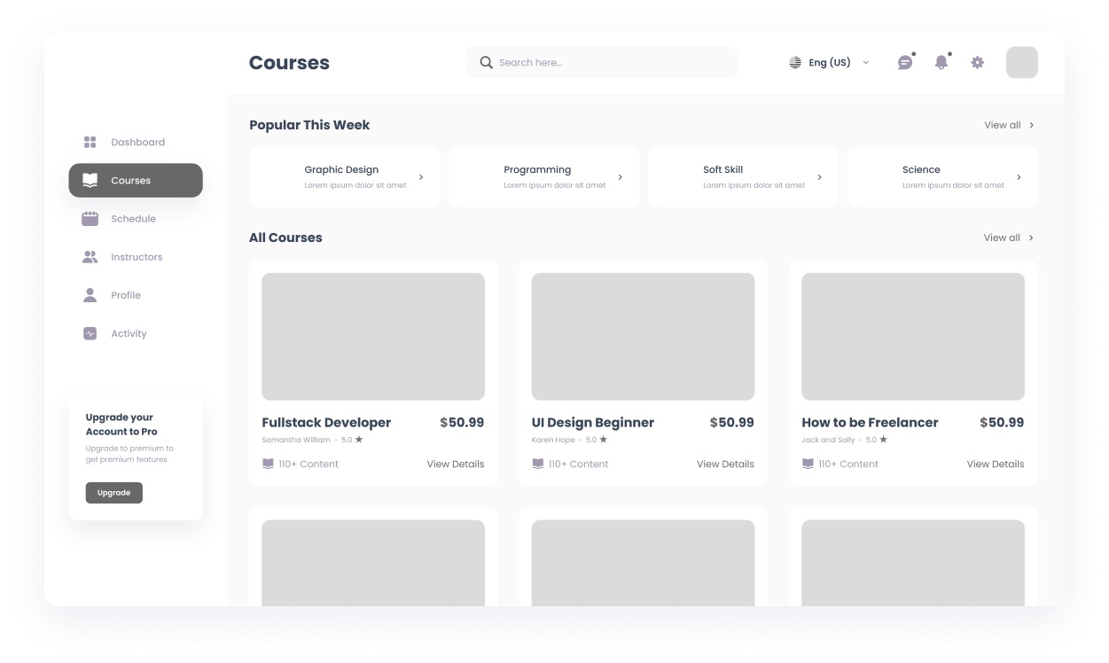 Wireframe of the MySkills courses page