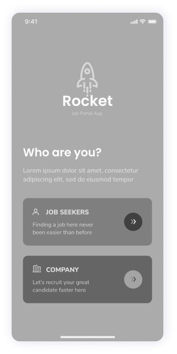  Rocket app wireframe depicting the user role selection screen 