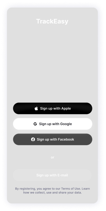 Wireframe of TrackEasy app's sign-up screen