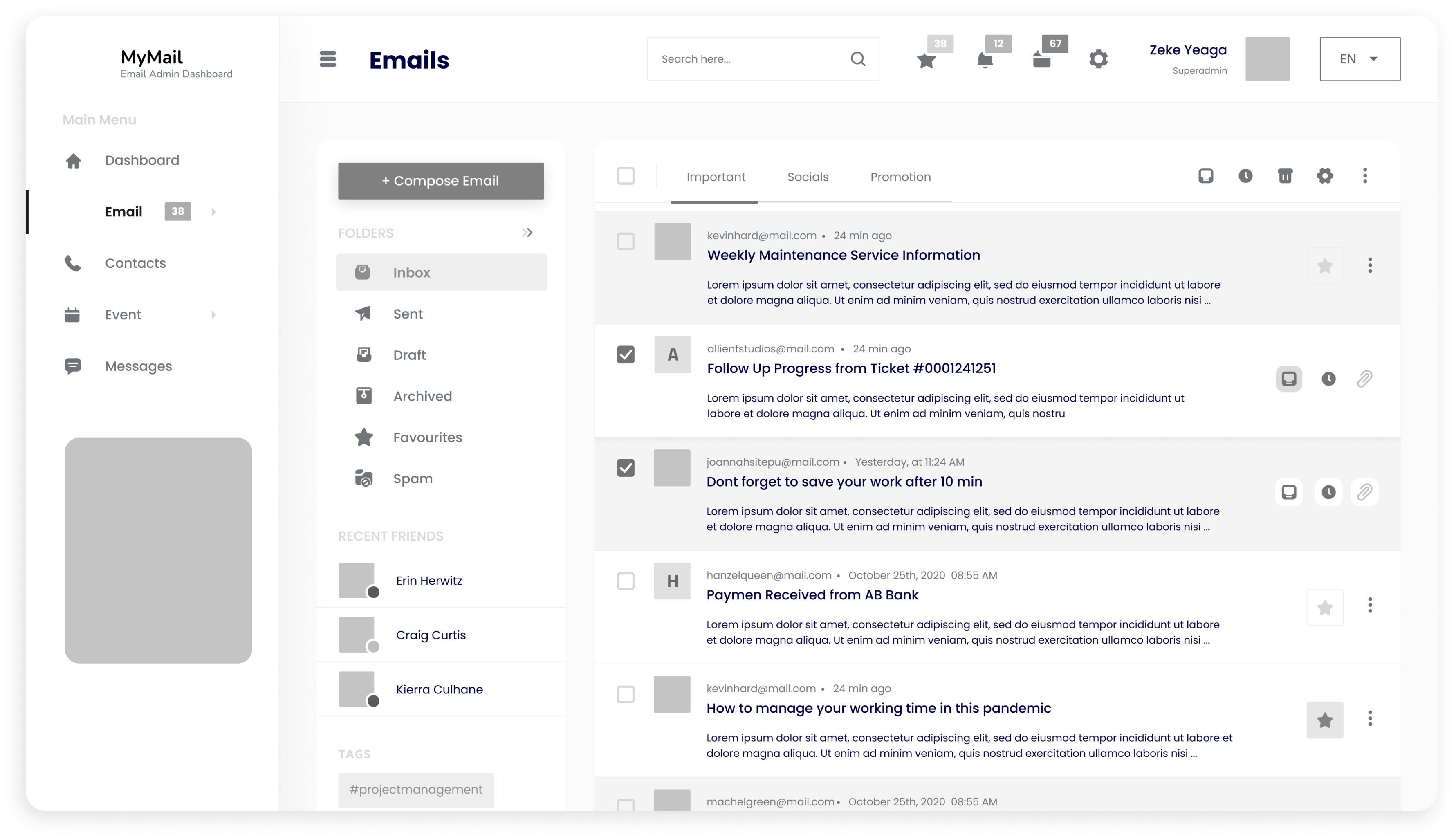 Wireframe of MyMail email dashboard