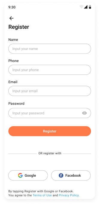  UI design of MyPet app registration screen