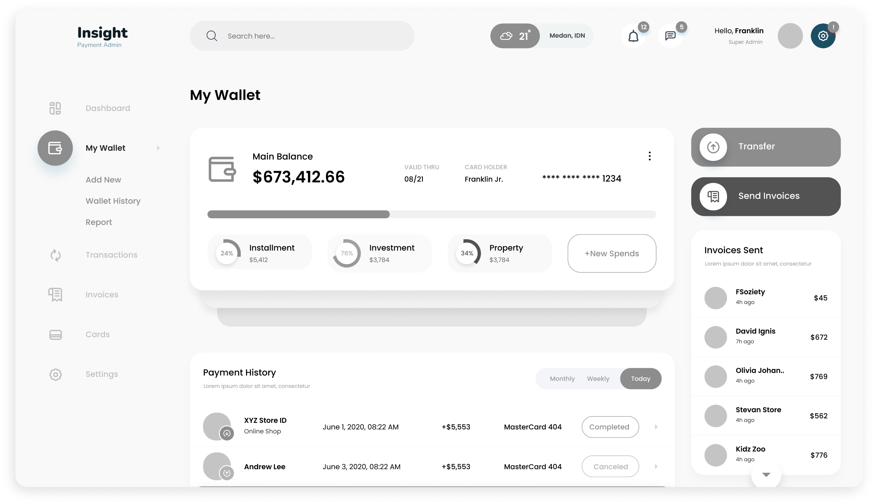   Insight CRM user wallet dashboard wireframe