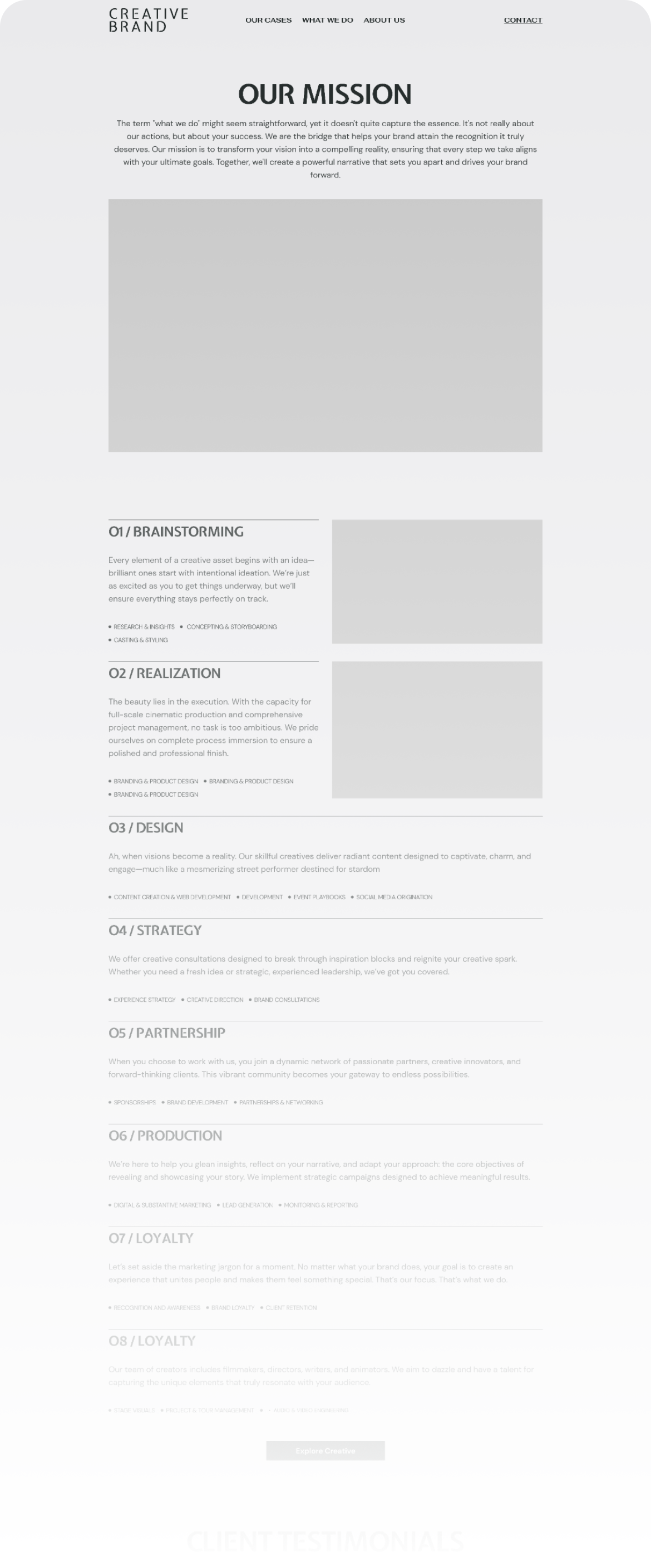 Wireframe of Creative Brand's home page featuring the “Our Mission” section