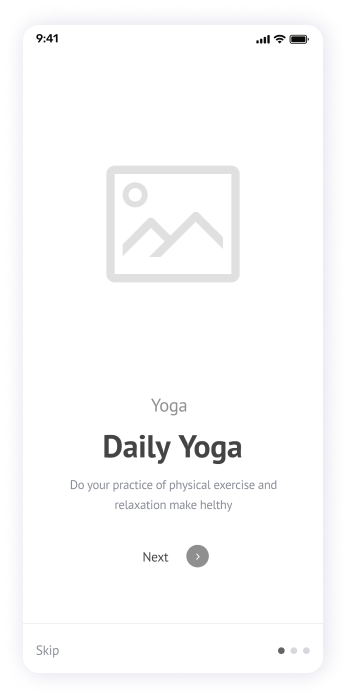 Wireframe of the Yogadgine app onboarding screen