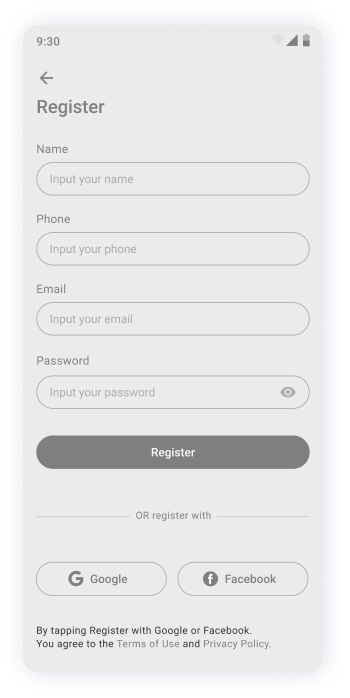  MyPet app registration screen wireframe