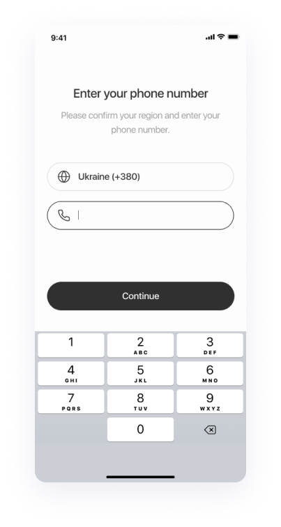  UI design of Splash app's phone number entry screen