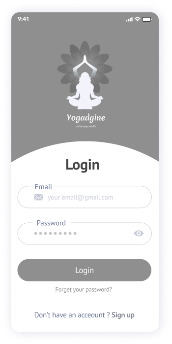 Wireframe of the Yogadgine app login screen