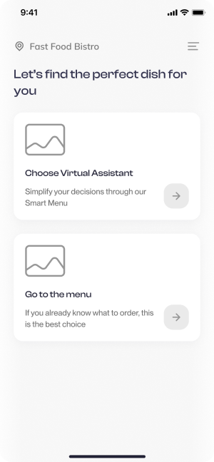 Have Meal app wireframe with Virtual Assistant and menu access