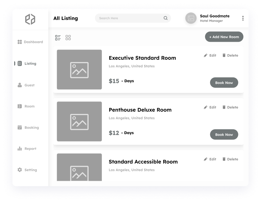 Wireframe of the Elite Station CRM room listing page