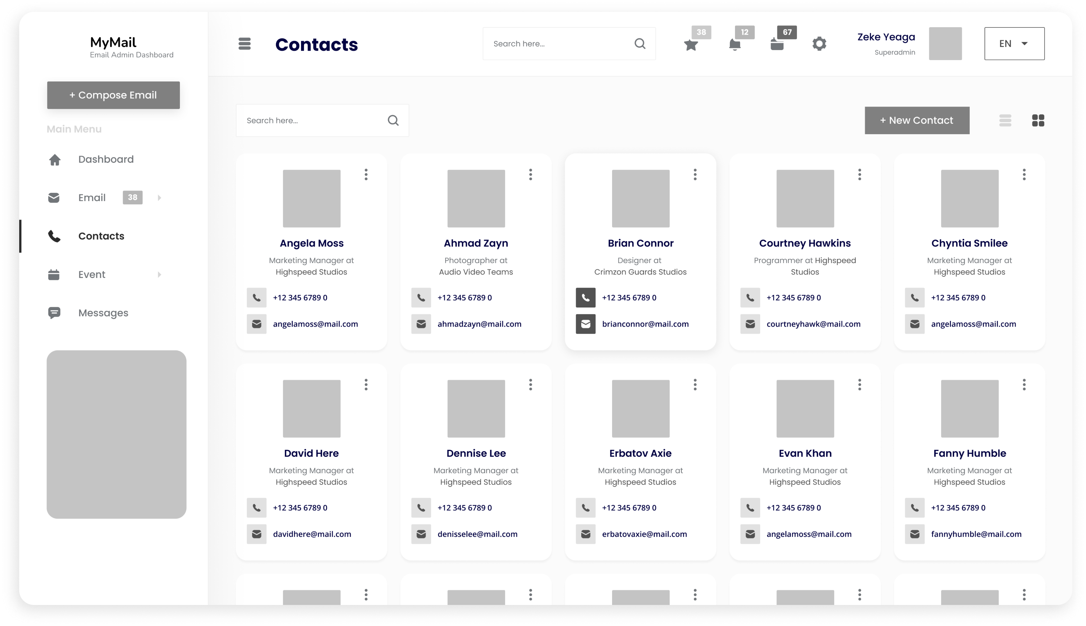 Wireframe of MyMail contacts dashboard