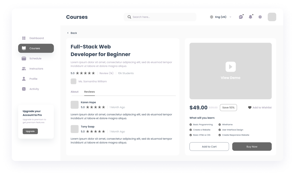 Wireframe of the MySkills course details page