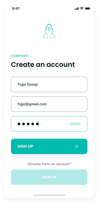   UI design of Rocket app's account creation screen for companies