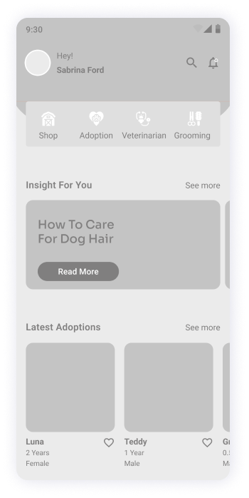  MyPet app home screen wireframe