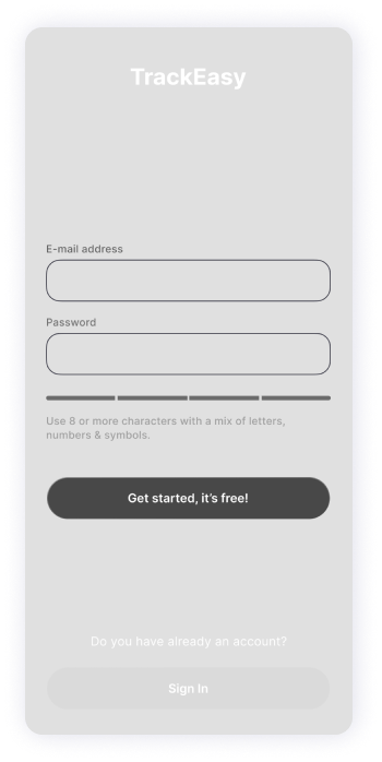  Wireframe of TrackEasy app's account creation screen 