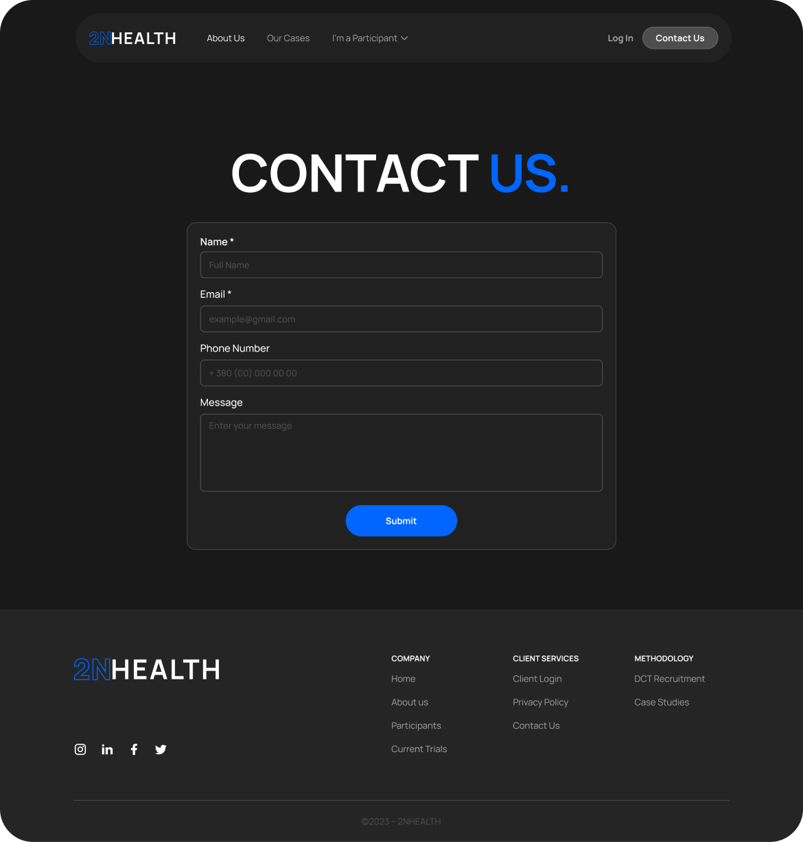 UI design of the 2NHealth contact page