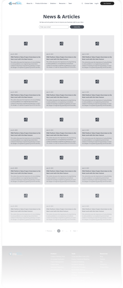 Wireframe of the PrizGuru news and articles page