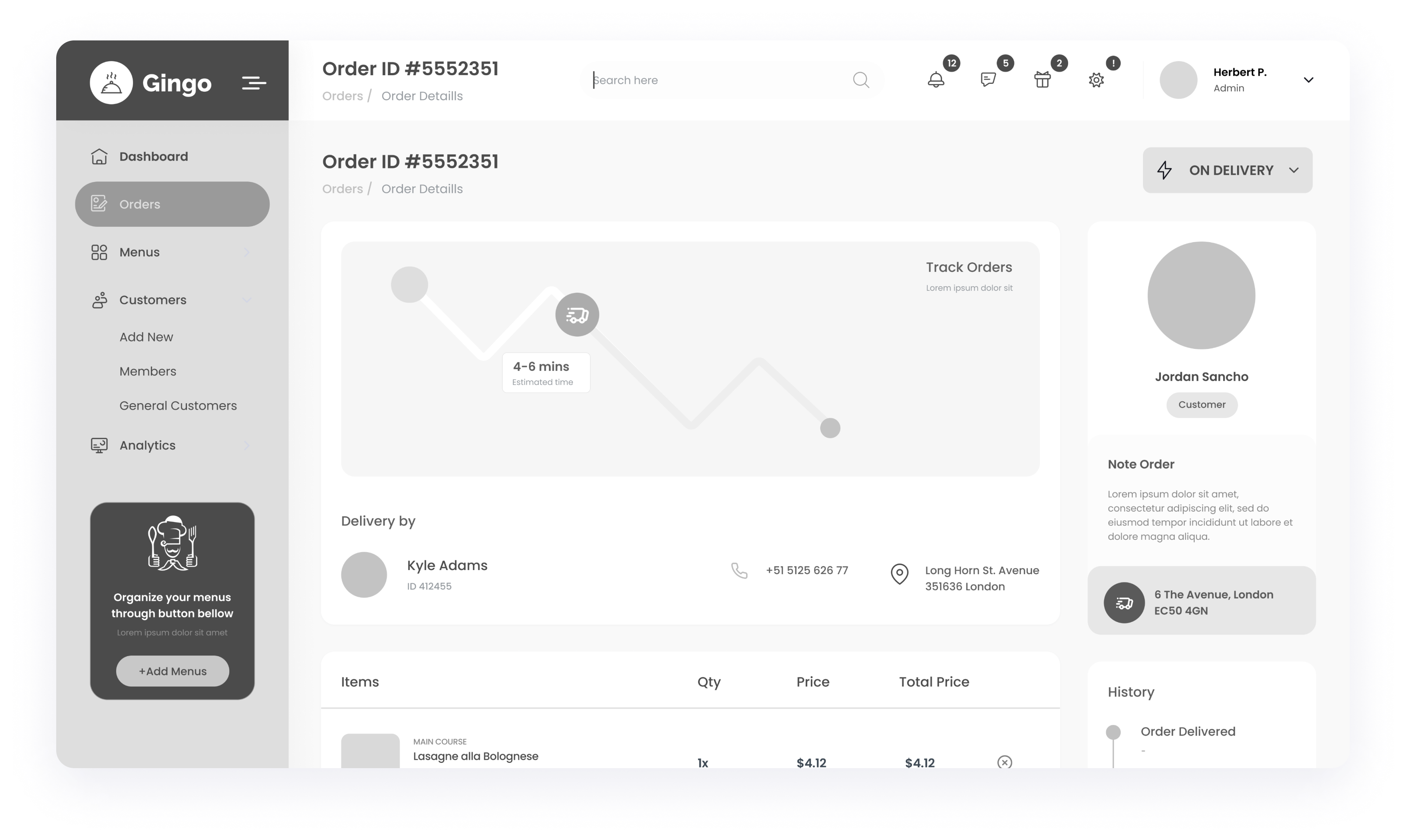  Wireframe of the Gingo admin panel order details dashboard