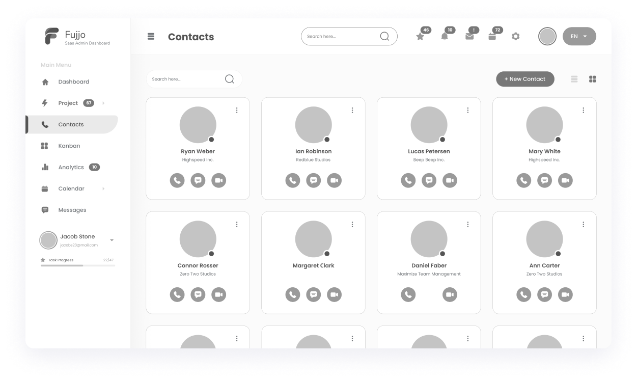 Fujjo contacts screen wireframe