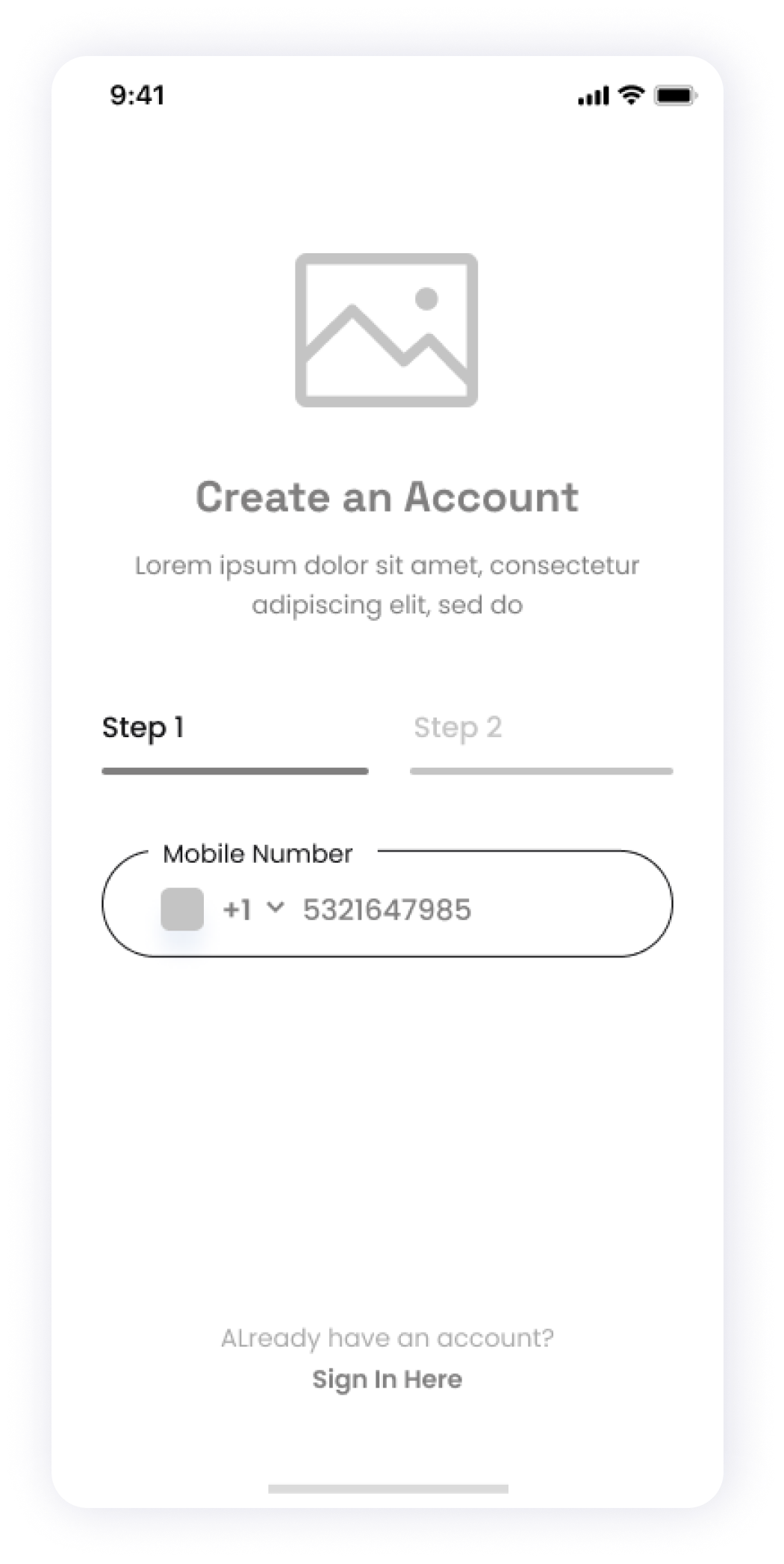 Starbooks app wireframe showing the initial step of account registration