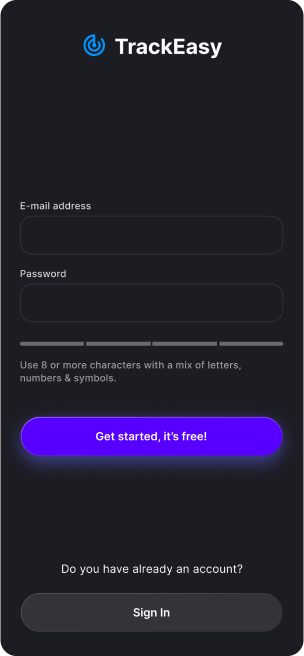  Registration screen UI design of TrackEasy app 