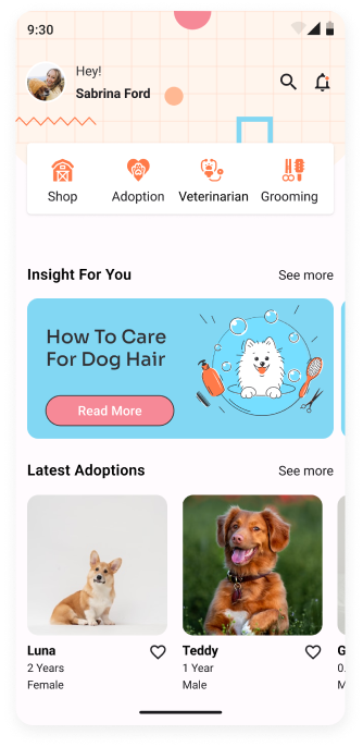  UI design of MyPet app home screen 