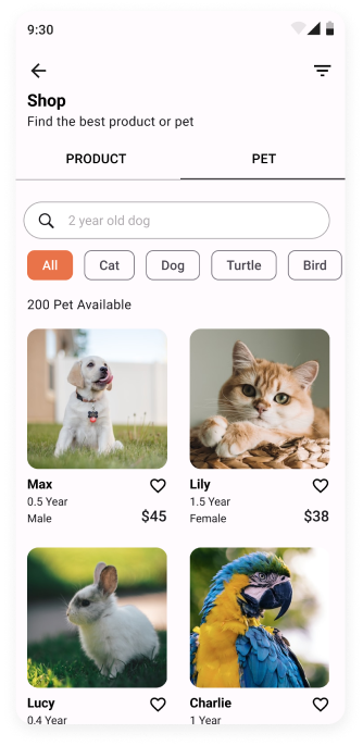  UI design of MyPet app shop screen 