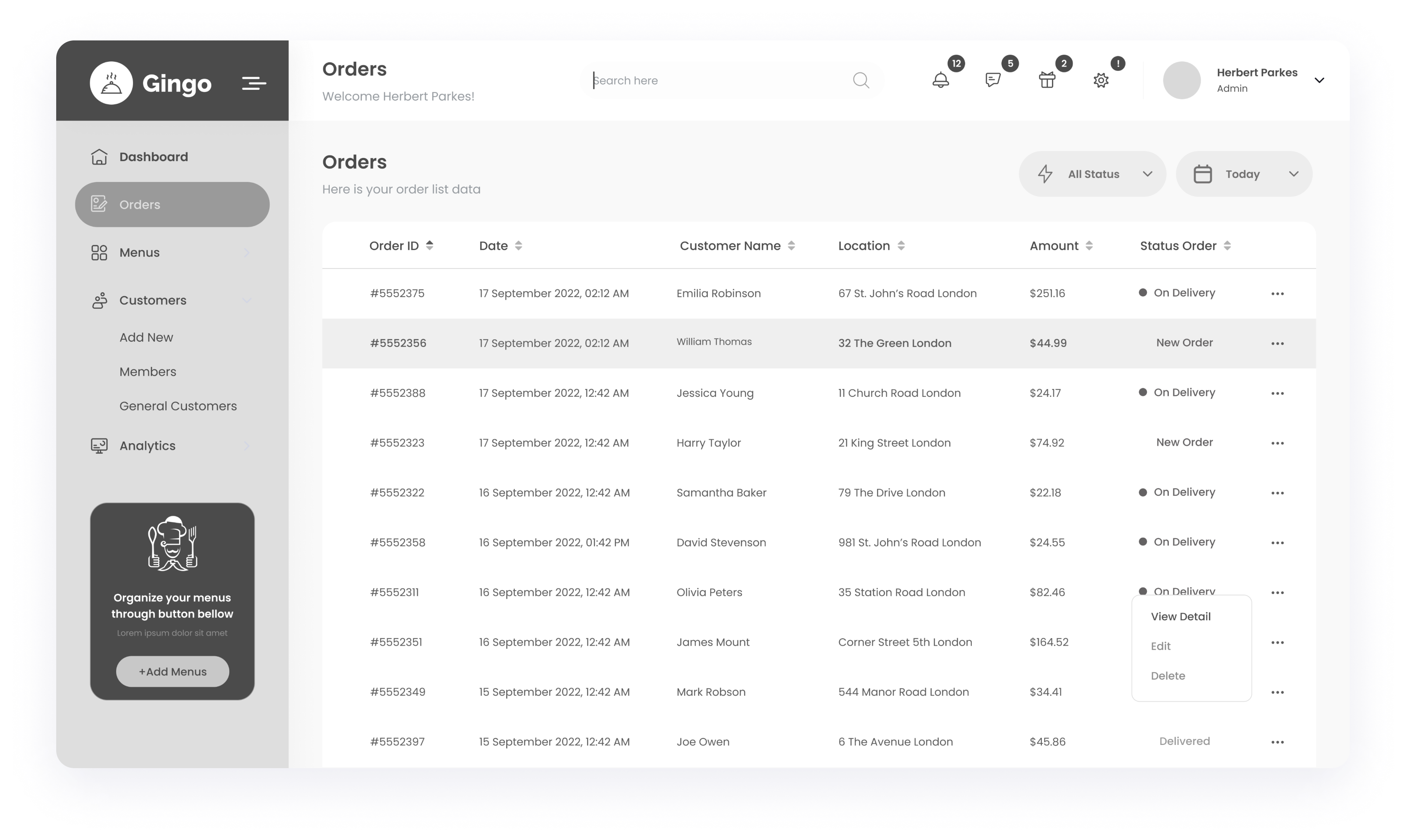  Gingo admin panel orders dashboard wireframe with order list data 