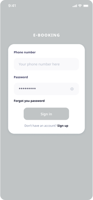E-booking app sign-in screen