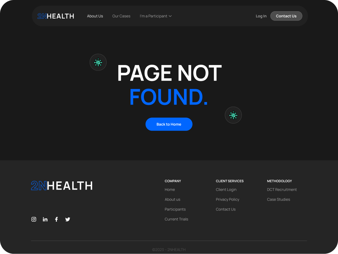 UI design of the 2NHealth 404 error page