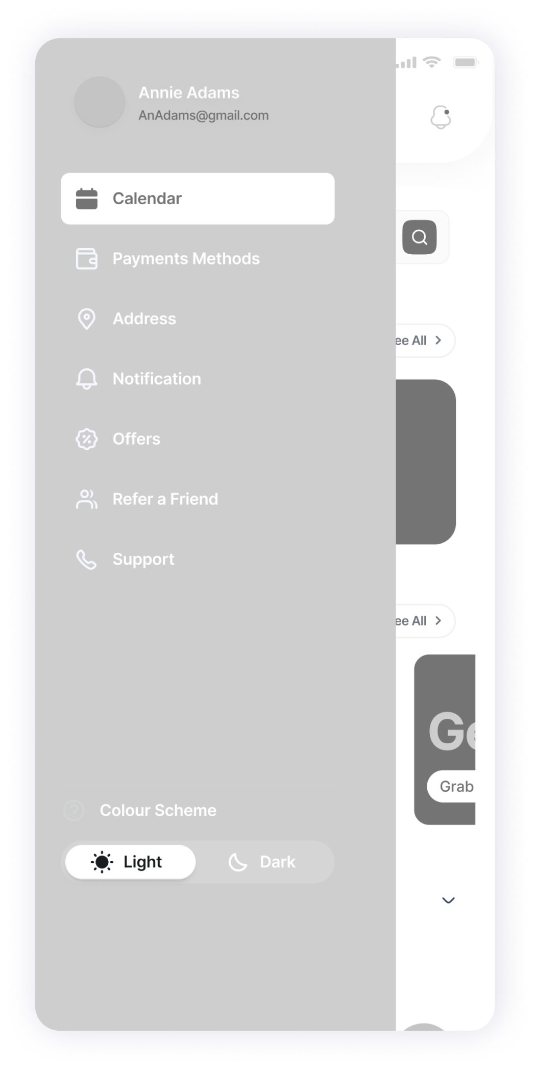 Wireframe of the VetPet app's side menu 