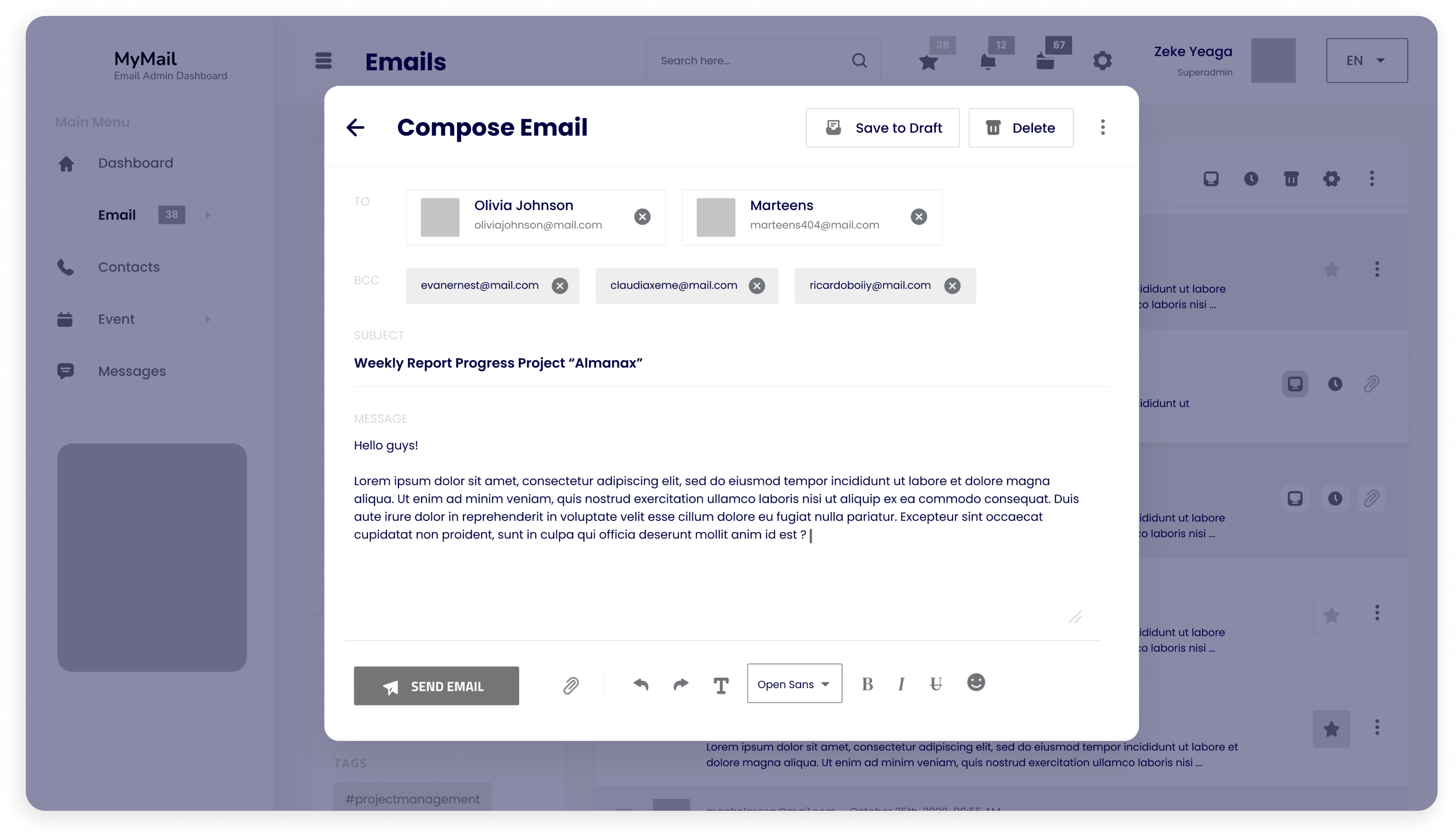 Wireframe of the MyMail email composition screen