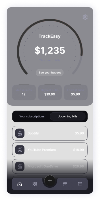  TrackEasy app wireframe design showing a financial overview screen