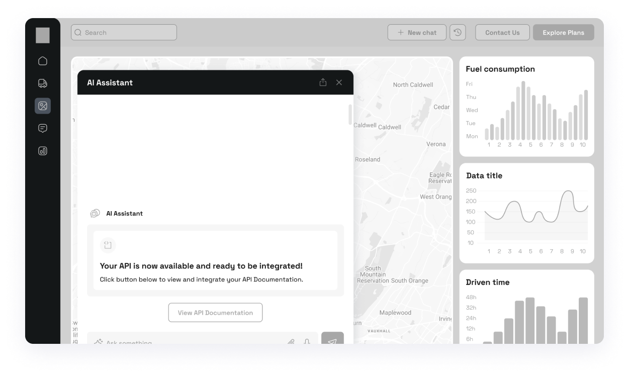 ChatBot dashboard wireframe with AI Assistant API integration prompt