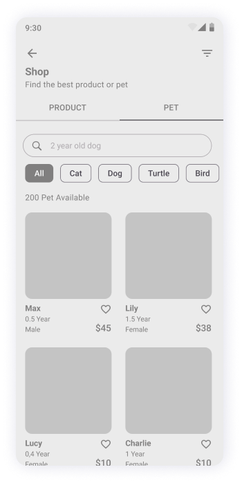  MyPet app shop screen wireframe 