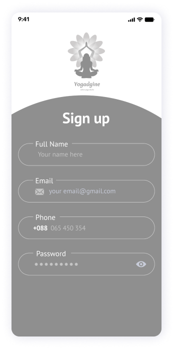 Wireframe of the Yogadgine app sign up screen