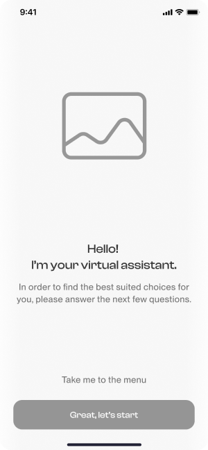 Wireframe displaying Have Meal’s Virtual Assistant welcome screen