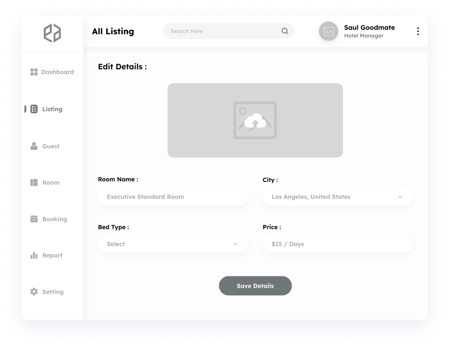 Wireframe of the Elite Station CRM room details edit page