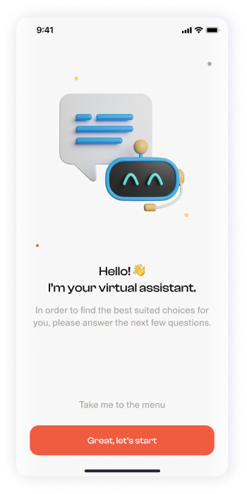 Have Meal app virtual assistant welcome screen UI design