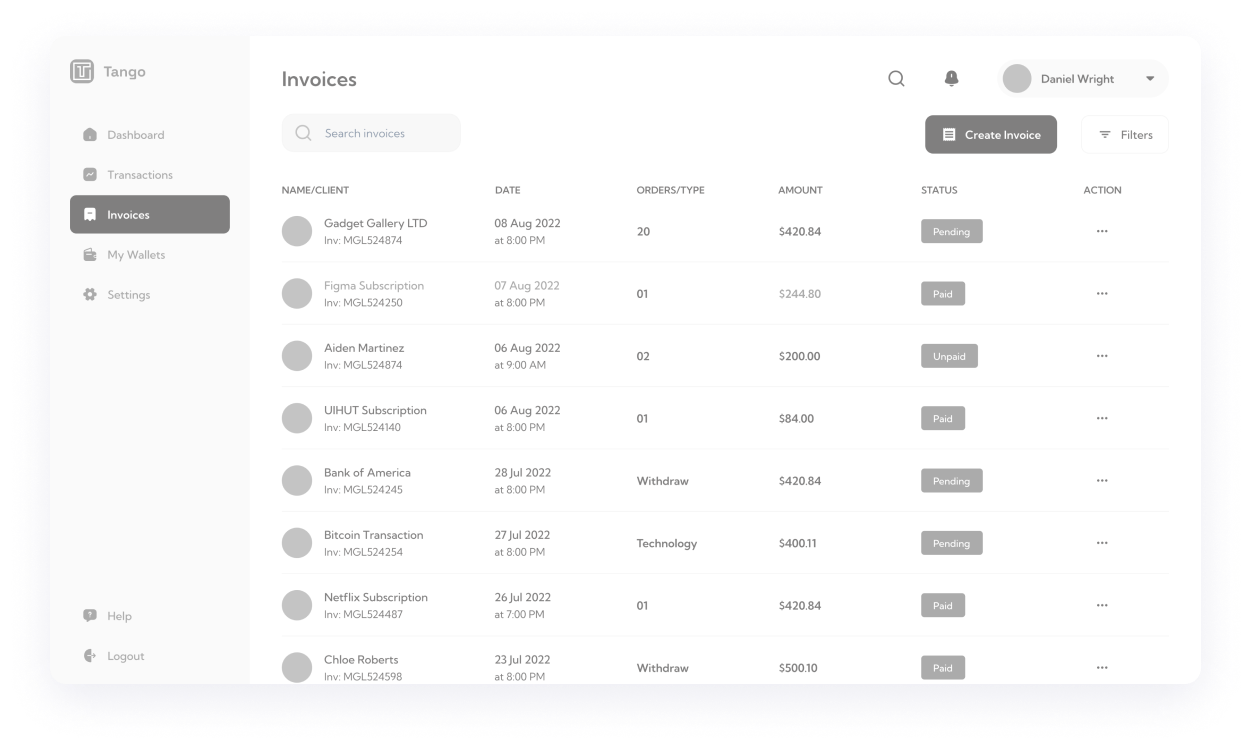  Gingo admin panel orders dashboard wireframe with order list data 