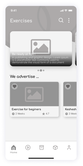 Wireframe of ShareFit app exercises screen