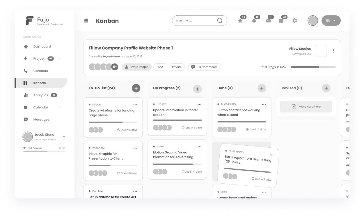 Fujjo app Kanban board wireframe