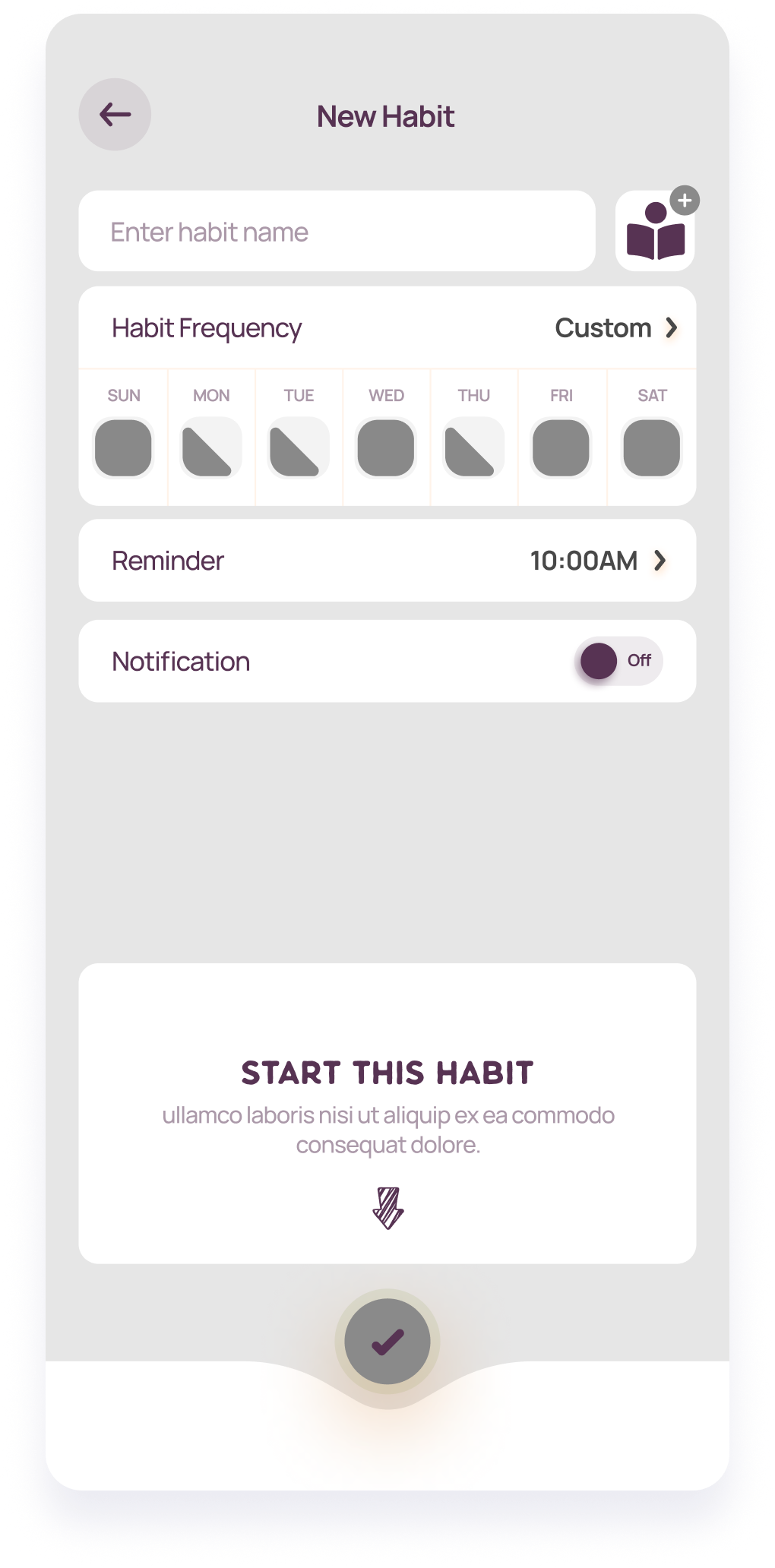 Wireframe of a LifeBalance screen for creating a new habit