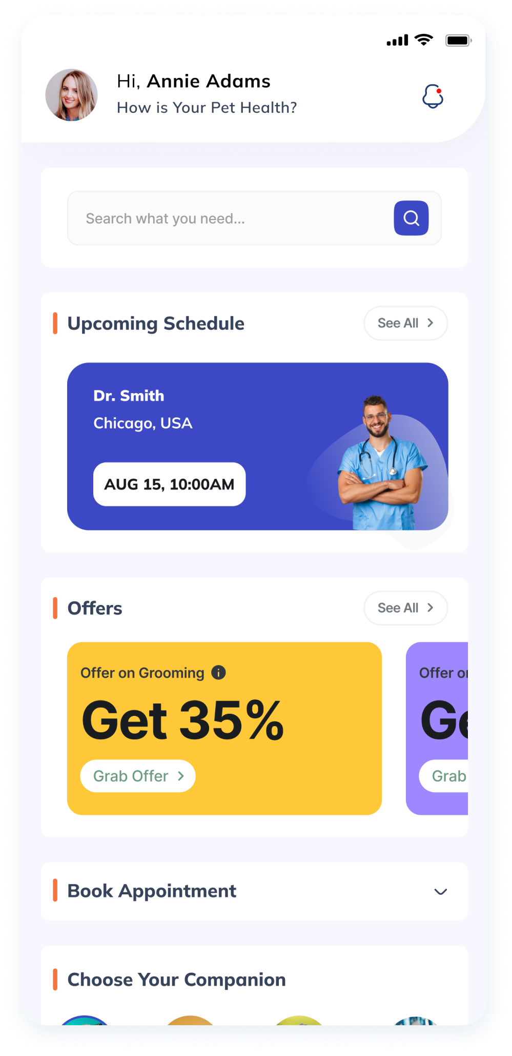  UI design of the VetPet app’s appointment scheduling screen