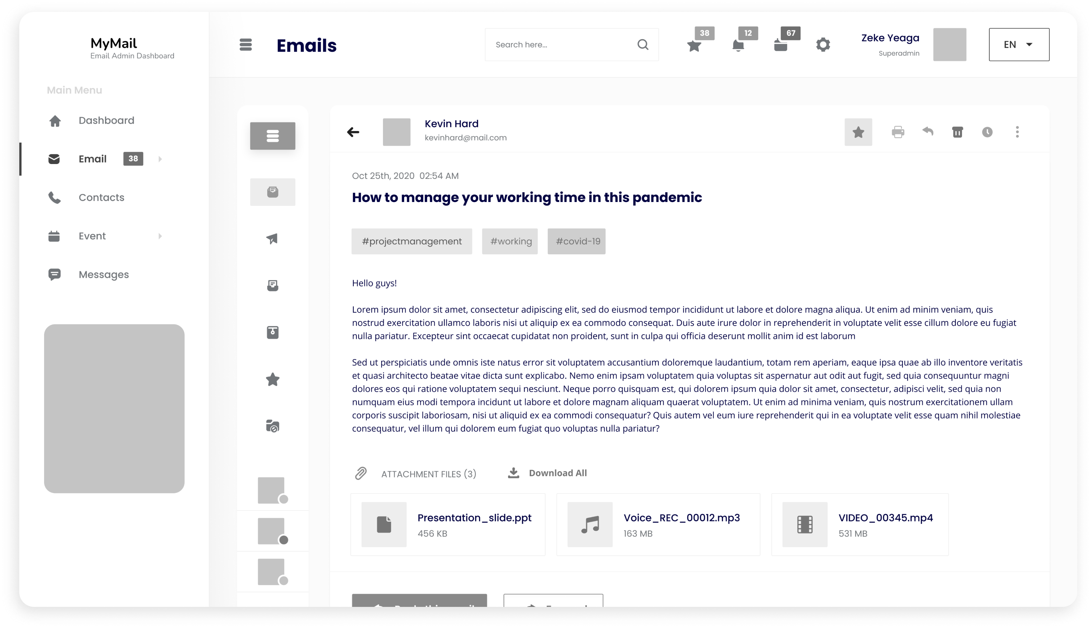 Wireframe of the MyMail email detail view